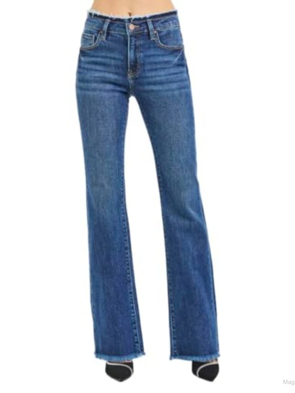 Mid Rise Bootcut Frayed Waistband Jeans 32.5" Inseam Stretch
